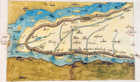 Het Land van Maas en Waal. Op kaarten van de rivieren zijn heel wat kleine boten afgebeeld die worden geroeid of gezeild. De afbeeldingen zijn vaak schematisch, zoals op deze kaart uit 1544 van het Land van Maas en Waal. De kaart is waarschijnlijk getekend naar aanleiding van een geschil over het afsluiten van het ‘schutlaken’, een spuikoker, waarlangs de wetering bij Puiflijk een aftakking had, midden op de kaart. De afwatering geschiedde nog geheel volgens natuurlijk verval. Op de Waalbandijk rijdt een zwaarbeladen wagen. Dat was kennelijk toegestaan. Jaagpaarden zullen er ook over gelopen hebben.