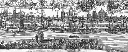 Gezicht op Keulen. Keulen was een vervoersknooppunt, waar overgeladen werd tussen de ‘bovenlanders’, schepen die de Midden-Rijn opvoeren, en schepen die de Nederrijn bevoeren, de ‘nederlanders’.