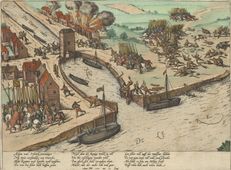 Gevecht bij de sluis van Vreeswijk, 23 juni 1585. De oude sluis lag bij de aansluiting van de Vaartse Rijn op de Lek. De sluiskolk was aan de zuidzijde uitgerust met puntdeuren die in de strijd kapot gehakt worden, maar aan de noordzijde met een hefdeur, net als de huidige Beatrixsluizen. Een hefdeur geeft beperkte doorvaarthoogte. De afgebeelde schepen zijn Rijnschepen, te vergelijken met de ‘nederlanders’ bij Woensam.