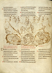 Utrechts Psalter. Links- en rechtsonder zijn op deze pagina van het Utrechts psalter eenvoudige scheepjes afgebeeld met een stuurriem langszij en gekrulde voor- en achtersteven. Het Karolingische psalter is vervaardigd in de abdij Hautvillers, niet ver van Reims in Frankrijk en dateert uit circa 830.