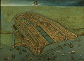 Gezicht op Amsterdam. Duidelijk te zien is dat aan oostzijde van de stad, links op het schilderij, een havenkwartier is ontstaan voor scheepsbouw en scheepsberging. Het schilderij is in circa 1538 vervaardigd door Cornelis Anthonisz,  in opdracht van het stadsbestuur.