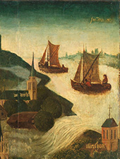 Eenvoudige scheepjes. Scheepjes met een eenvoudige zeilvoering (sprietzeil en fok) op de binnenwateren bij Dordrecht tijdens de St. Elisabethvloed van 1421 (detail). Deze boten onderscheiden zich doordat ze voor- en achterzeilen hebben en door één persoon kunnen worden bestuurd.