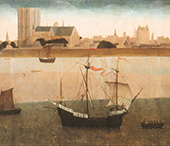 De rede van Zierikzee (detail). Een karveel gebouwd schip wordt naar zijn ankerplaats geboegseerd op de rede van Zierikzee. De karveelbouw bereikte de Nederlanden vanuit het Middellandse zeegebied. In 1460 bouwde een Bretonse scheepsbouwer een dergelijk schip in Zierikzee, dat regelmatig door Bretonse schepen werd bezocht. 