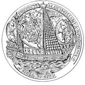 Grootzegel van de admiraliteit van Maximiliaan van Bourgondië, admiraal der Nederlanden (1540-1558). Op het grootzeil van het schip is het wapen van Maximiliaan afgebeeld, op de overige zeilen staan Bourgondische knuppelkruisen.