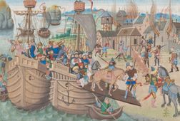 Ontscheping van paarden en manschappen. Schepen waren <em>multipurpose</em> en werden aangepast aan het doel waarvoor ze gebruikt werden. Ze werden soms ingezet om legers en paarden die in de middeleeuwse oorlogvoering onmisbaar waren, aan land te zetten.