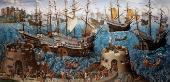 Hendrik VIII scheept zich in voor de overtocht van Dover naar Boulogne, 1520. De Engelse koning beschikte anders dan Karel V over een vloot van gespecialiseerde oorlogsschepen.