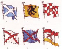 Vlaggen van de Bourgondische vloot in Zeeland (1470). 1 Vlag van de Bourgondische vloot in Zeeland (1470), 2 Vlaamse Liebaard, gevoerd onder de graven van Vlaanderen (veertiende eeuw), 3 Brabantse wit-rood geblokte vlag (vijftiende eeuw), 4 Bourgonjevlag (begin zestiende eeuw), 5 Bourgonjevlag (zestiende eeuw), 6 Koningsvlag, gevoerd sinds de troonsbestijging van Karel V (1519).