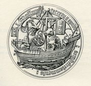 Stadszegel van Amsterdam. Het belang van de haven en de zeehandel voor het opkomende Amsterdam wordt benadrukt door het opnemen van een schip op het stadszegel, ca. 1400.