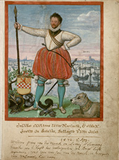 Willem van der Marck (ca. 1542-1578), heer van Lumey (Lummen). Op de achtergrond zijn Den Briel en de geuzenvloot afgebeeld.