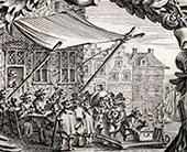 Veiling van mogelijk van door een van de admiraliteiten geconfisqueerde goederen. De admiraliteitscolleges verkregen op verschillende manieren goederen, zoals via inbeslagnames bij de convooien en licenten en de goederen van buitgemaakte schepen. Regelmatig vonden er veilingen van (buit)goederen plaats. De prent is gevoegd bij een aankondiging van een veiling door de Admiraliteit van Friesland, 1721.