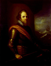 Maurits van Oranje, stadhouder (1585-1625), afgebeeld als admiraal-generaal. Het zeegezicht op de achtergrond en de admiraalsstaf verwijzen naar Maurits als hoogste bevelhebber over de oorlogsvloot, althans in naam.