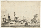 Twee gekielde schepen. Een werf met twee onderleggers die een groot zeilschip kielen. Bij het rechter schip branden mannen op een vlot de aangroei van het onderwaterschip weg.
