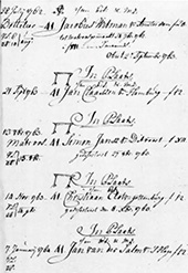 Betaalrol. Pagina uit de betaalrol over 1762-1764 van het schip <em>Dieren</em> van de Admiraliteit van het Noorderkwartier. Drie van de vijf bemanningsleden op deze bladzijde kwamen van buiten de Republiek: Duitsland en Zweden. Twee van hen deserteerden in 1763.