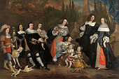 Michiel de Ruyter en familie. Groepsportret van Michiel de Ruyter (1607-1673) en zijn familie. Links De Ruyter, viceadmiraal van Holland ten tijde van dit portret, zijn derde vrouw Anna van Gelder (1614-1687) en haar zoon uit een eerder huwelijk, Jan Pauwelsz van Gelder (1647-1673). De drie kinderen uit De Ruyters tweede huwelijk zijn staande afgebeeld: uiterst rechts Cornelia (1639-1720) met haar man Jan de Witte (overleden 1683), in het midden Alida (1642-1679) en links Engel (1649-1683) met een valk. De twee kleine dochters van het echtpaar, links Margaretha (1652-1688) en rechts Anna (1655-1666), spelen met hun neef Cornelis de Witte (1660-1701).