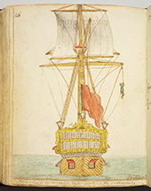 Van de ra vallen. Bestraffing – het van de ra vallen – van een deserteur in 1764 bij Texel, aan boord van het oorlogsschip <em>Glinthorst</em>.