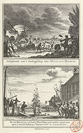 Drama rond het <em>Huys in ’t Bosch</em>. Voor de kust van Marokko nabij Ceuta leed het fregat <em>Huys in ’t Bosch</em> op 20 december 1751 schipbreuk. De bemanning wist zich te redden maar werd daarna door Noord-Afrikaanse kapers tot slaaf gemaakt. Boven: de schipbreuk; onder: de terugkeer van de uit slavernij losgekochte bemanning bij de Admiraliteitswerf te Amsterdam op 23 februari 1753.
