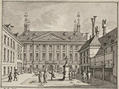Prinsenhof Amsterdam. In het Prinsenhof aan de Oudezijds Voorburgwal vergaderden de Raden ter Admiraliteit van Amsterdam en was de administratie gevestigd. De schoorstenen zijn getooid met smeedwerk in de vorm van schepen en ankers.