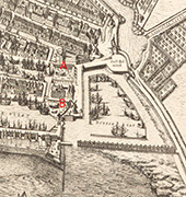 Admiraliteitswerven Rotterdam. De scheepswerven van de Admiraliteit op de Maze lagen in het oostelijk deel van de stad aan de Nieuwehaven en aan het Haringvliet, die parallel daaraan lag. Te zien is dat er drie scheepshollen in aanbouw op de hellingen liggen (zie A en B). De haven geheel rechts was bestemd voor de haringvloot, het Buizengat.