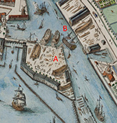 ’s Lands Werf te Rotterdam. Op dit detail van de stadplattegrond uit 1694 is de drie jaar eerder voltooide nieuwe Admiraliteitswerf op het Reuzeneiland te zien (zie A), het terrein dat het dichtst bij de Nieuwe Maas ligt (onder). Ertegenover lag de VOC-werf (zie B).