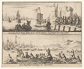 Overtocht van Willem III naar Engeland, 1688. De bovenste afbeelding toont het vertrek van Willem III vanuit Hellevoetsluis, om in Engeland de troon op te eisen, 11 november 1688. Onder: de aankomst in Torbay (Zuid Engeland), 15 november 1688. Willem zit in de roeiboot op de voorgrond.