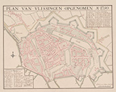 Plattegrond van Vlissingen. Op de plattegrond zijn rechts de Admiraliteitswerf (zie R) en het droogdok (zie Q) weergegeven.