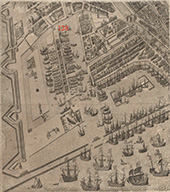 Scheepswerven in Amsterdam. Op dit blad van de plattegrond van Amsterdam zijn de nieuwe haveneilanden aan het IJ, aan de oostkant van de stad weergegeven, kort voor het jaar 1600. Aan weerszijden van het langgerekte eiland Uilenburg zijn scheepshellingen te zien. Achteraan, aan de rechterkant is de Admiraliteitswerf, aangeduid met nr. 128.