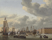 Het IJ bij ’s Lands Zeemagazijn. Gezicht op het IJ en de Admiraliteitswerf, met oorlogsschepen die gekalefaterd (gebreeuwd) worden in het Hok, een met palen afgezet deel van de Nieuwe Waal in het IJ. Rechts van het midden ligt het schip de <em>Spiegel</em>, het pas voltooide vlaggenschip van luitenant-admiraal Michiel de Ruyter. Aan de rechterkant het pas voltooide ’s Lands Zeemagazijn van de Admiraliteit van Amsterdam.