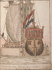 Scheepskamelen. Het oorlogsschip <em>Glinthorst</em> wordt tussen scheepskamelen over de ondiepte Pampus in de Zuiderzee gesleept.