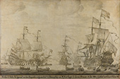 Oproep tot krijgsraad. Met een vlagsignaal worden de kapiteins van de oorlogsvloot bijeengeroepen voor een krijgsraad (overleg) aan boord van de Zeven Provinciën (rechts), het Admiraalsschip van Michiel de Ruyter, 10 juni 1666. De dag daarop begon de Vierdaagse Zeeslag (11-14 juni 1666) met de Engelse vloot.