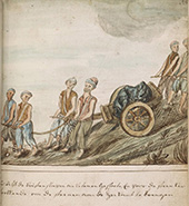 Dwangarbeid in Noord-Afrika. Tot slaaf gemaakte Nederlandse zeelieden, zogenaamde Christenslaven, aan het werk, in de omgeving van Algiers. De mannen trekken een kar met stenen.