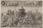 Tromp als zeegod. Door de schermutselingen bij Duinkerke en de Slag bij Duins in 1639 werd Maerten Tromp een nationale held. Op deze prent is hij voorgesteld als de Romeinse zeegod Neptunus. Op de achtergrond de gevechten voor de Vlaamse kust en bij Duins (the Downs) in 1639. Links en rechts twee andere zeehelden: Jacob van Heemskerck en Piet Hein.