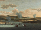 Tocht naar Chatham, 1667. In juni 1667 verraste een oorlogsvloot onder leiding van Michiel de Ruyter de Engelsen die voor anker lagen bij Chatham. Op de voorgrond is het fort bij Sheerness te zien, dat in vlammen opgaat; stroomopwaarts stijgen rookkolommen op van Engelse schepen die door de Nederlanders in brand zijn gestoken.