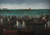 Slag op het Haarlemmermeer, 1673. In 1573 deden schepen van de Watergeuzen een poging het door de Spanjaarden belegerde Haarlem te ontzetten. Op het Haarlemmermeer ontstond op 26 mei een gevecht met schepen loyaal aan het Habsburgse gezag, waaronder ook Amsterdamse schepen. De schepen waren vooral door Hollanders bemand. De Watergeuzen verloren het gevecht en Haarlem werd kort daarna ingenomen door de Spanjaarden. Op de achtergrond is het belegerde Haarlem te zien.