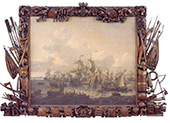 Slag op de Zuiderzee, 1573. De zeeslag vond plaats voor de Hoornse Hop. De vloot onder leiding van Maximiliaan de Hennin, heer van Bossu, werd op 11 oktober 1573 verslagen door de Watergeuzen onder bevel van Cornelis Dircksz. Afgebeeld is het moment waarop het vlaggenschip van Bossu, de Inquisitie, wordt geënterd. De lijst bevat trofeeën, stadswapens en allerlei attributen van de scheepvaart en oorlog op zee.