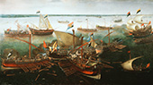 Slag bij Sluis tussen Staatse en Spaanse galeien, 1603. Admiraal Federico Spinola was commandant van een Spaanse vloot van galeien in Sluis. Op 26 mei 1603 probeerde hij de blokkade door Staatse schepen te breken. Dat mislukte en Spinola sneuvelde. Op de voorgrond de <em>Zwarte Galei</em> van Dordrecht.
