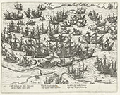 De Armada in het Kanaal, 1588. Schermutselingen met de Armada in het Kanaal, tussen Dover en Calais, 30 mei 1588. De prent toont de slag tussen de Staatse vloot onder Justinus van Nassau en de Spaanse schepen. Rechtsonder drie vlieboten.