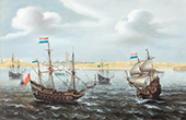 Blokkade van de Vlaamse kust. Op de rede van Duinkerke liggen schepen van de Staatse vloot om te voorkomen dat kapers en oorlogsschepen de haven in- en uitvaren.