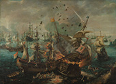 Slag bij Gibraltar, 1607. Het ontploffen van het Spaanse admiraalsschip tijdens de Slag bij Gibraltar (25 april 1607) op het moment dat het Spaanse oorlogsschip wordt geramd door een Staats schip. Door de ontploffing worden mensen in de lucht geslingerd. Op de voorgrond proberen zeelieden zich in sloepen te redden, anderen zwemmen in het water. Het doek is geschilderd als proefstuk voor het grote schilderij De  Slag bij Gibraltar, vervaardigd in opdracht van de Admiraliteit van Amsterdam in 1622.
