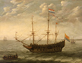 Tweedekker. Aan de vlaggen is te zien dat dit een portret is van een schip van de Admiraliteit van Zeeland. Het schip ligt voor anker op een rede.
