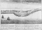 Kiellinie. De Tweedaagse Zeeslag tussen de Nederlandse en de Engelse vloot vond plaats op 4 en 5 augustus 1666. Te zien is hoe de twee vloten in kiellinie aan het gevecht beginnen. Of het in werkelijkheid zo ordelijk toeging is te betwijfelen. De prent is in Engeland gemaakt en draagt daarom de datum volgens de Juliaanse kalender: 25 juli 1666.