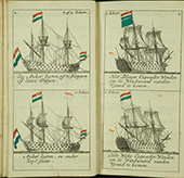 Seinboek. Verschillende vlagsignalen, gebruikt in de oorlogsvloot. Uit het boekje van scheepsschrijver N. Govertsz, <em>Van alle de Generale Zeinen, Die gedaan en geobserveerd werden in ’s Lands Vloot, Zoo in het Zeilen en Ankeren by Daag en Nagt, als ten tyde van Gevegt</em> (Amsterdam 1746).