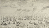 Slag bij Terheide, 1653. De Slag bij Terheide (10 augustus 1653) vond plaats tijdens de Eerste Engelse Oorlog (1652-1654). De tekenaar Willem van de Velde de Oude voer mee op een klein vaartuig, een galjoot. Hij legde het gevecht vast op tekeningen die hij later uitwerkte tot een penschilderij. In de galjoot, links op de voorgrond, is de tekenaar te zien, rechts van het grootzeil.