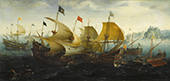Slag bij Cadiz, 1596. Tijdens de Slag bij Cadiz (1 juli 1596) vochten de Nederlanders en de Engelsen samen tegen de Spanjaarden. De Hollandse viermaster <em>Neptunus</em> van admiraal Johan van Duivenvoorde, geheel links, valt samen met de Engelse <em>Ark Royal</em> de Spaanse <em>San Felipe</em> (rechts) aan. In werkelijkheid nam het Engelse schip geen deel aan de slag. De marszeilen zijn trapeziumvormig, waarbij de banen niet recht lopen, maar eindigen bij het staande lijk (de verticale rand van het zeil). De viermaster voert een langsscheeps bezaanzeil en een zelfde bonavanturazeil. Rechts twee galeien met driehoekige langsscheepse latijnzeilen met de karakteristieke lange schuin staande ra en een korte mast.