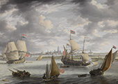 Wachtschip op de Schelde voor Lillo. Het wachtschip is zeilend over twee boegen afgebeeld op de Schelde, met op de achtergrond Antwerpen. Vanaf het wachtschip werden de cherchers naar de vrachtvaarders geroeid om het licentgeld te innen.