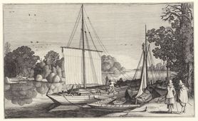 Turfschepen langs een kade. Prent door Jan van de Velde (II), 1603-1641.