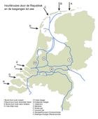 Hoofdroutes door de Republiek en de toegangen tot zee. De middeleeuwse situatie blijft vrijwel ongewijzigd tot in de nieuwe tijd, met uitzondering van de route van Amsterdam naar het Rijnland die in belang toeneemt.