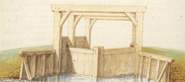 Sluishoofden. Het bovenstroomse aanzicht van de sluishoofden die in 1634 boven de verlaten in de Grift zijn geplaatst. Achter het sluishoofd lag de kolk, die werd afgesloten met een valdeur.