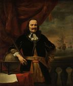 Michiel de Ruyter als luitenant-admiraal. De afbeelding is geschilderd ter herinnering aan de overwinning in de Vierdaagse Zeeslag in 1666, waarna besloten werd dat identieke portretten van De Ruyter in alle admiraliteitscolleges zouden worden gehangen.