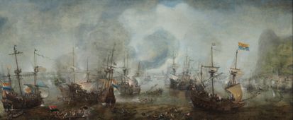 De slag bij Gibraltar, 25 april 1607. De herinnering aan de slag bij Gibraltar kreeg weer politieke relevantie na de hervatting van de oorlog met Spanje in 1621.