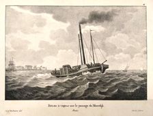 De stoomveerboot <em>Wilhelmina</em> bij Moerdijk. Het schip is ontworpen door Gerhard Roentgen en in 1821 gebouwd door de Watt Company in Groot-Brittannië. De stoommachine werd geleverd door de machinefabriek van Cockerill in Seraing.